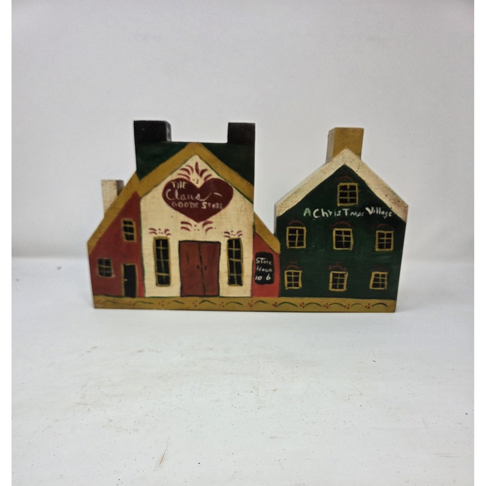 Vintage Miniature Wooden Village Hand Painted Folk Art Town Shelf Sitter Decor